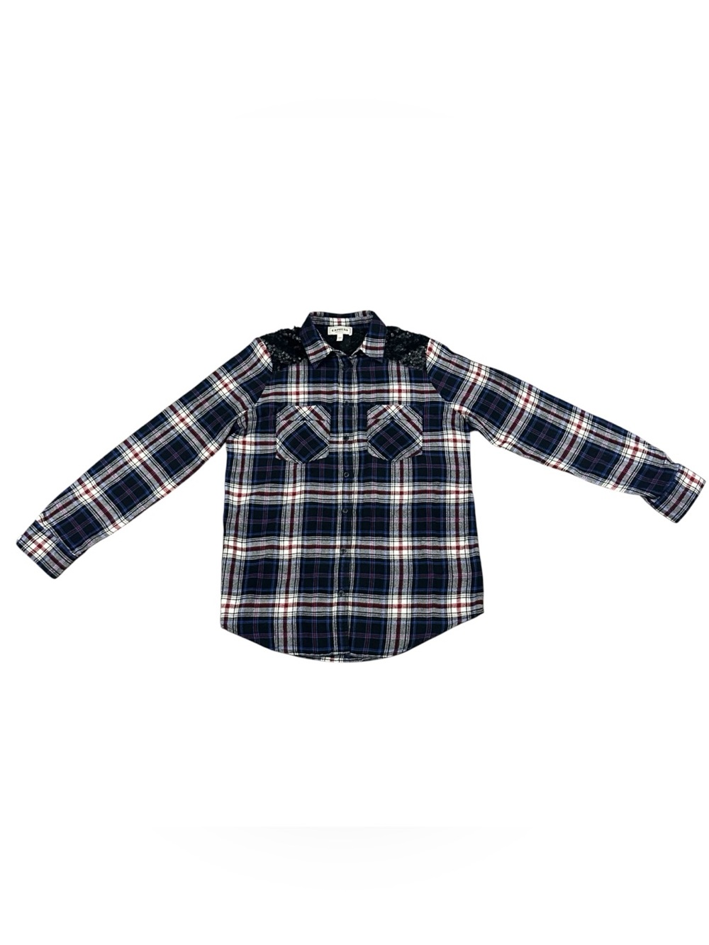 Express Boyfriend Women’s Small Plaid Flannel Shirt Black Sequin Lace Yoke